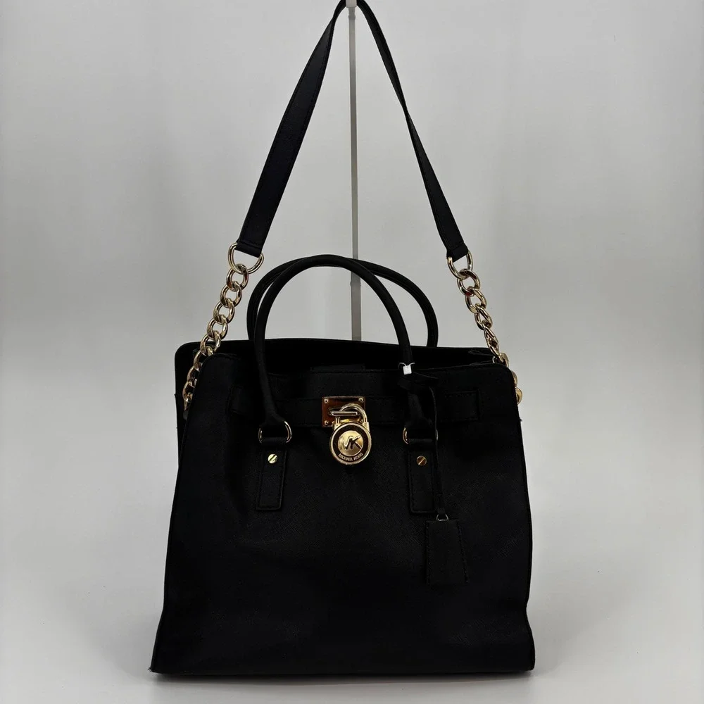 Michael Kors Hamilton Satchel Womens Large Black Saffiano Leather Gold Padlock